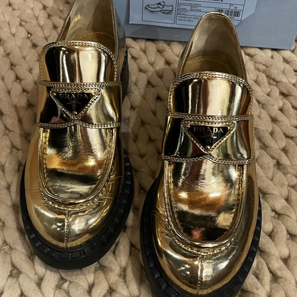 PRADA Triangular Logo Metallic Gold Leather Chocolate Loafers size 39 - Picture 8 of 16